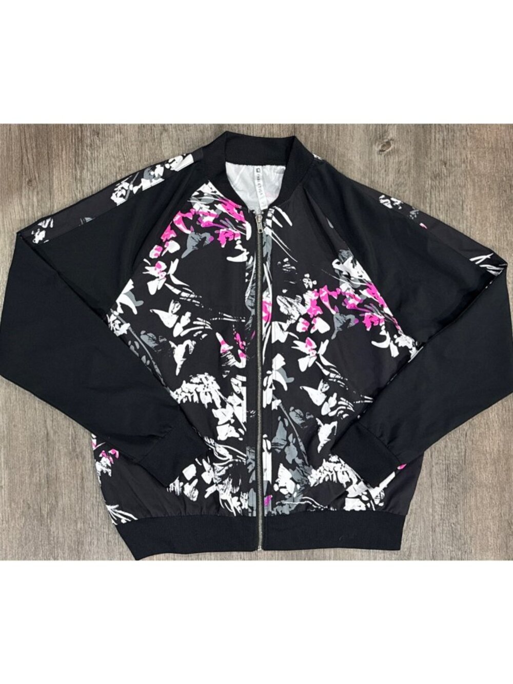 Fabletics Bev Bomber Jacket Zip Up Lightweight Womens Sz L Pink Black EUC